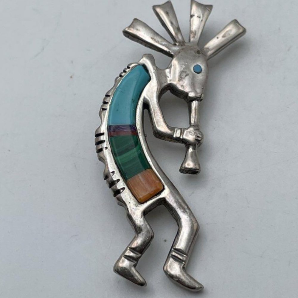 Sterling Silver 925 Yazzie Navajo Kokopelli Malachite, Turquoise, Oyster